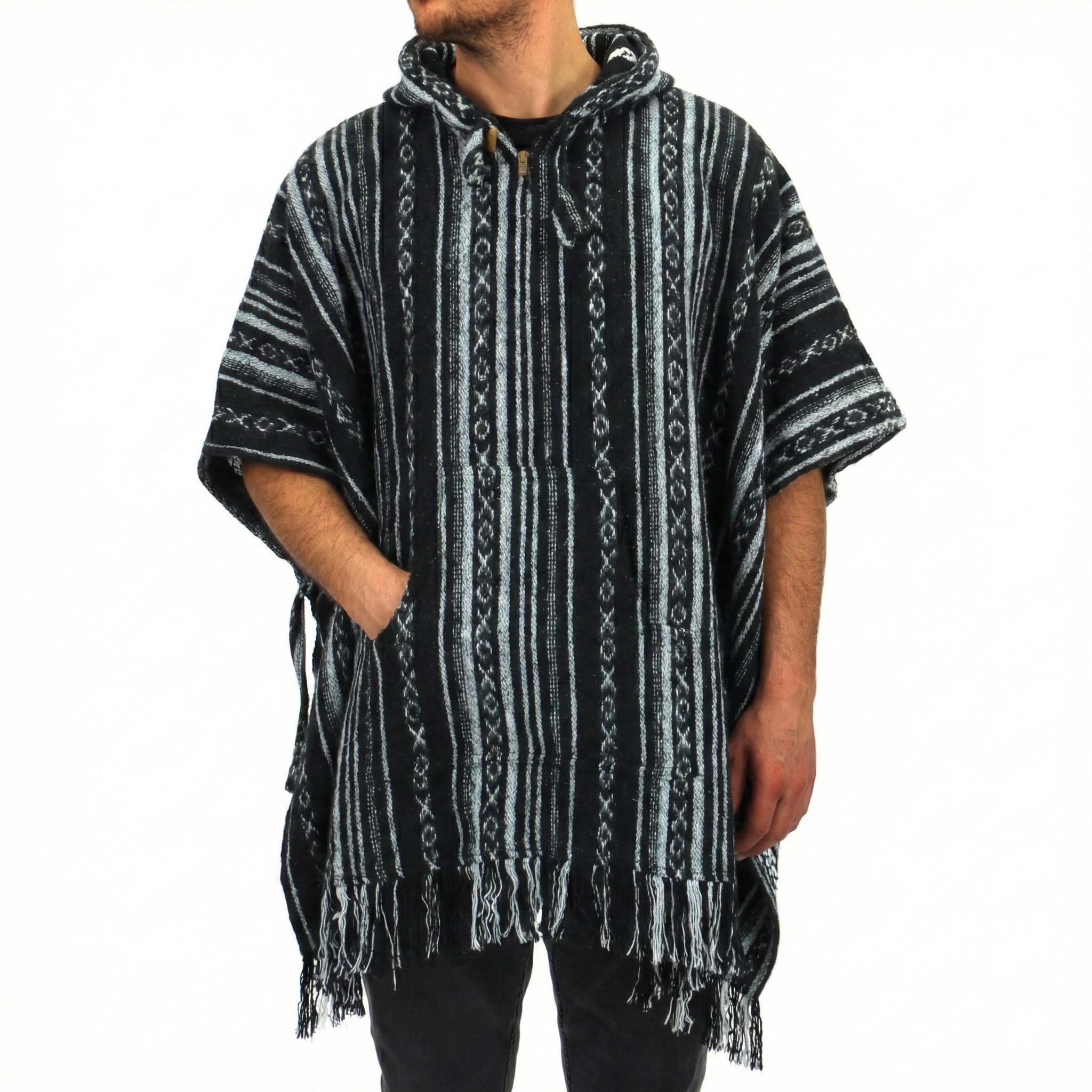 LOUDelephant 100% Woven Gheri Cotton Mexican Style Hooded Poncho Unisex One Size For Men Women Lounging Warm Cold Water Robe Cover Change Black Diamond