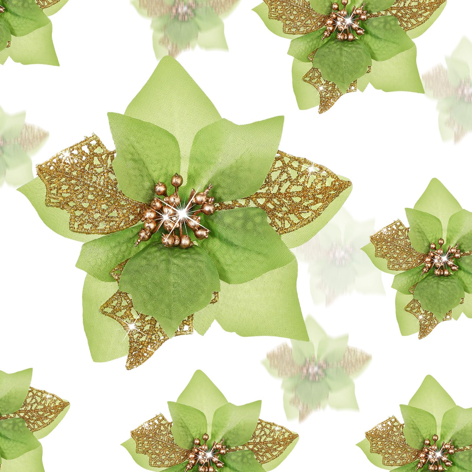 Boao 24 Pieces Christmas Artificial Glitter Poinsettia Flowers Xmas Flowers Wedding Christmas Tree New Year Ornaments(Green) — image 1