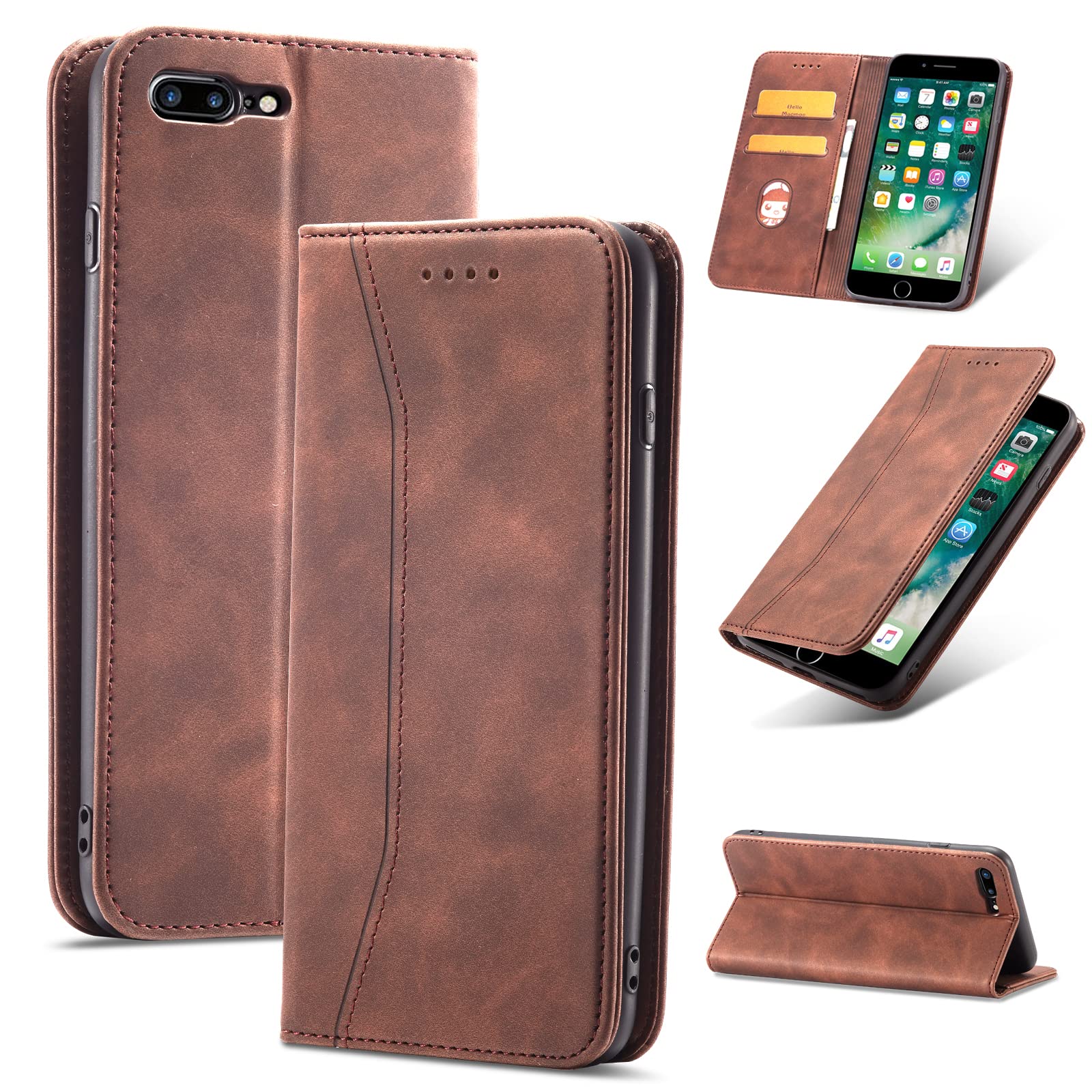 TOHULLE for iPhone 7 Plus iPhone 8 Plus Wallet Case, Vintage PU Leather Flip Case with Card Holder Kickstand Hidden Magnet Folio Case Book Cover Compatible with iPhone 7 Plus/8 Plus - Coffee Brown