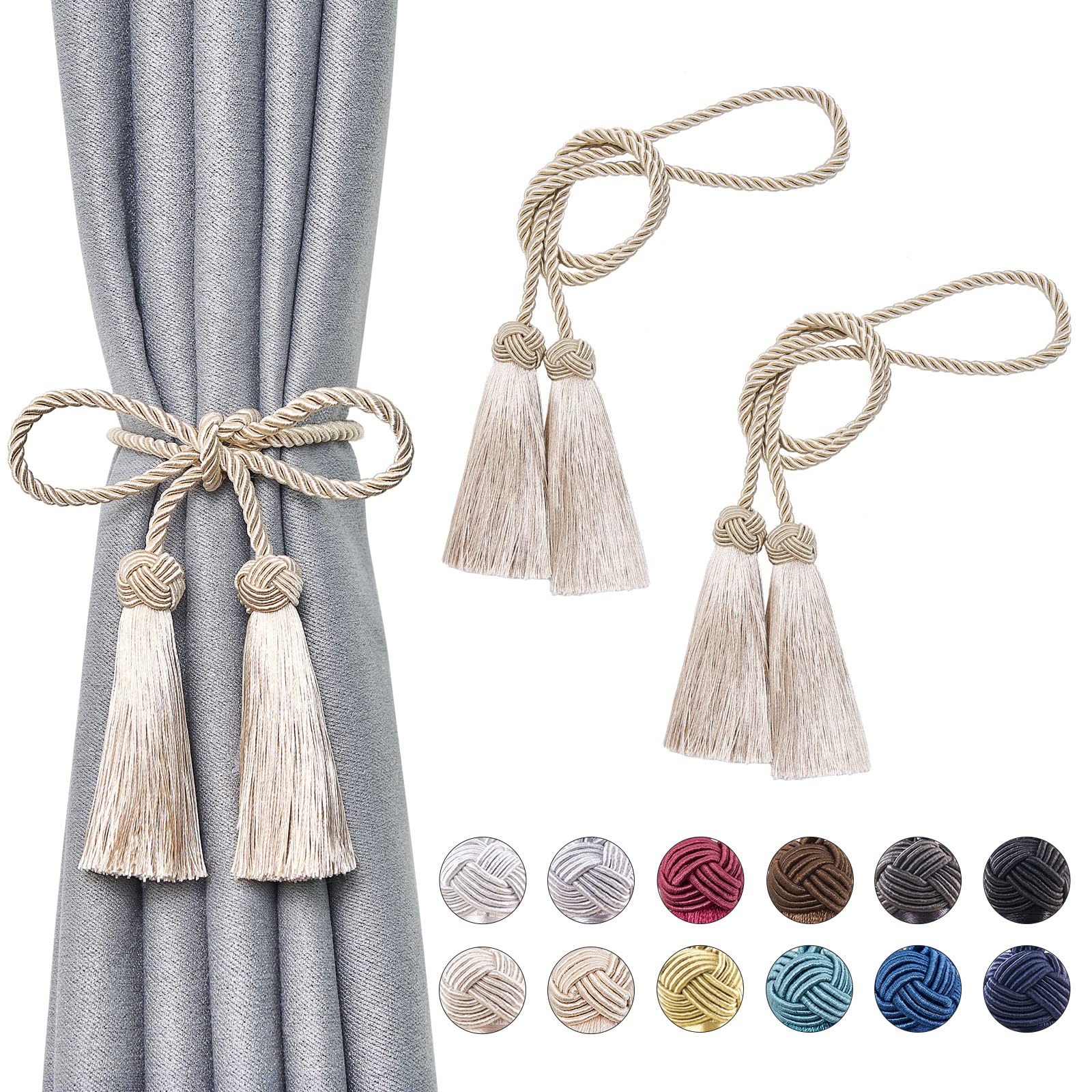 Pretty Jolly 2 Pack Double-ended Tassel Curtain Tiebacks Handmade Braided Rope Knot Drape Tie Backs European Style Decorative Curtain Holdbacks for Home & Office Window Drapery (Dark Beige)