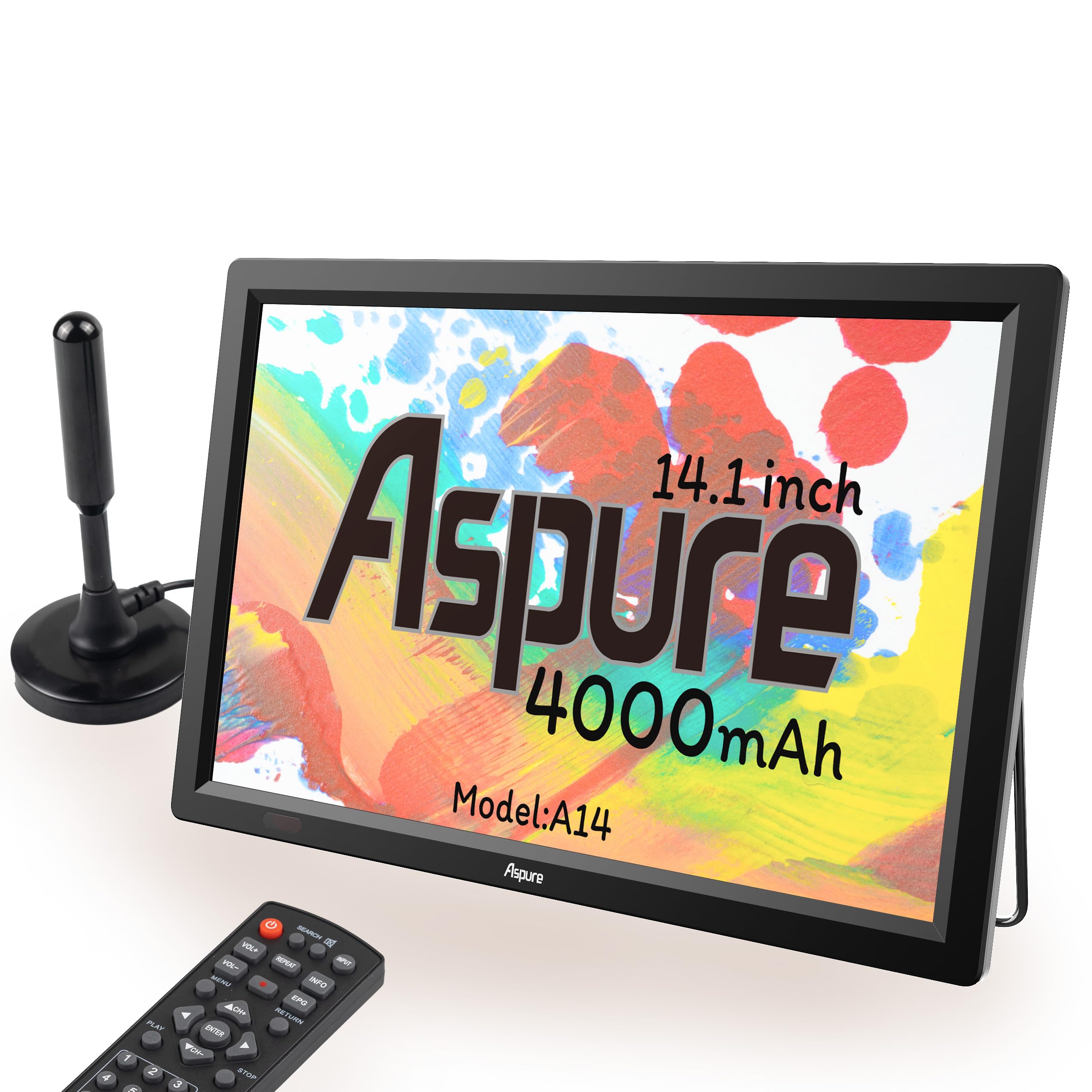 14 Inch Portable Digital DVB-T2 TFT HD Screen Freeview LED TV for Car,Caravan,Camping,Outdoor,Kitchen.Built-in 4000mAh Battery Television/Monitor with Multimedia Player FM function USB card ASPURE