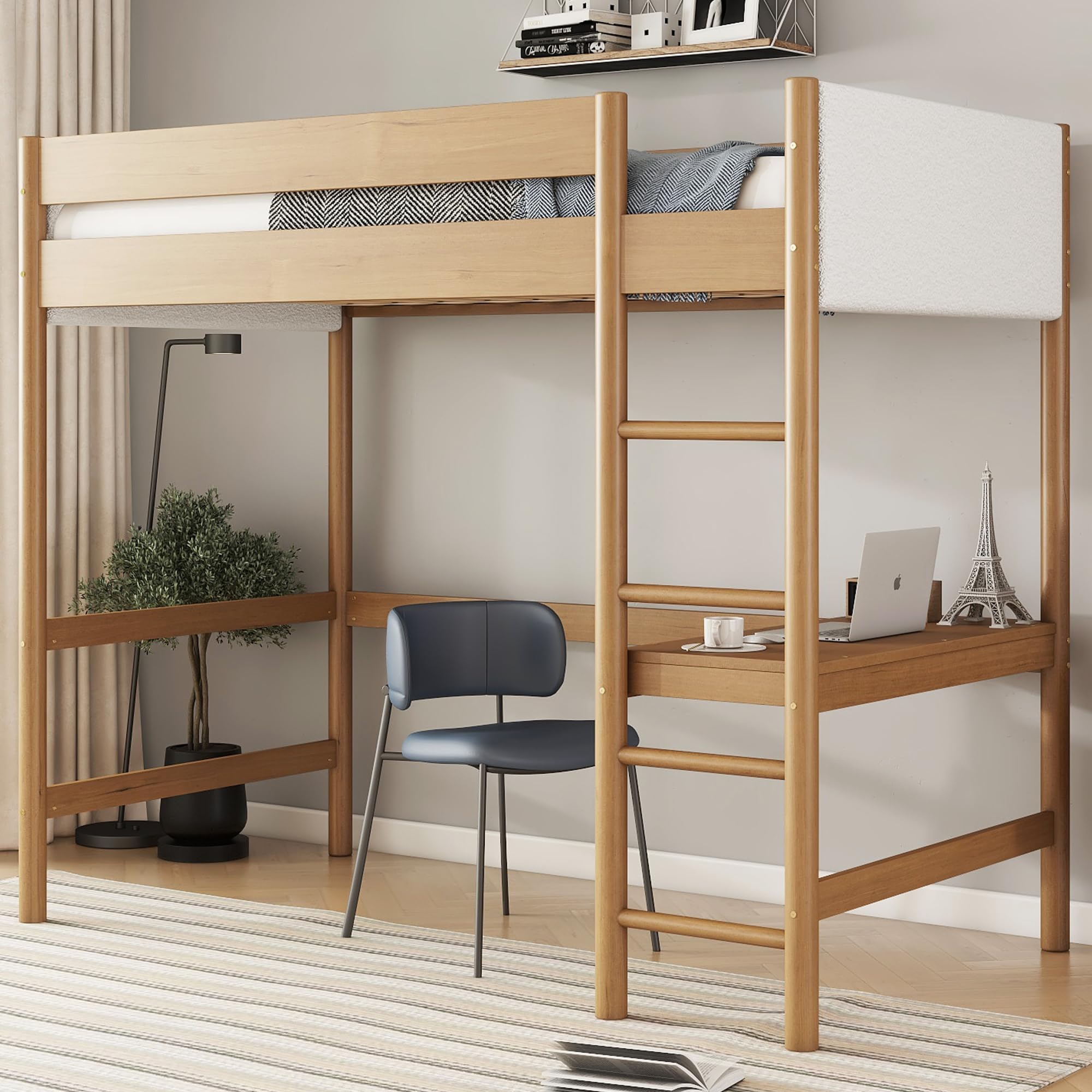 Photo 1 of *** BOX ONE ONLY***GDFStudio Twin Size Loft Bed with Desk & Ladder, Boucle Upholstered Headboard & Footboard, Rubber Wooden Frame with Safety Guardrails, Kids Study & Sleep Furniture, Natural B