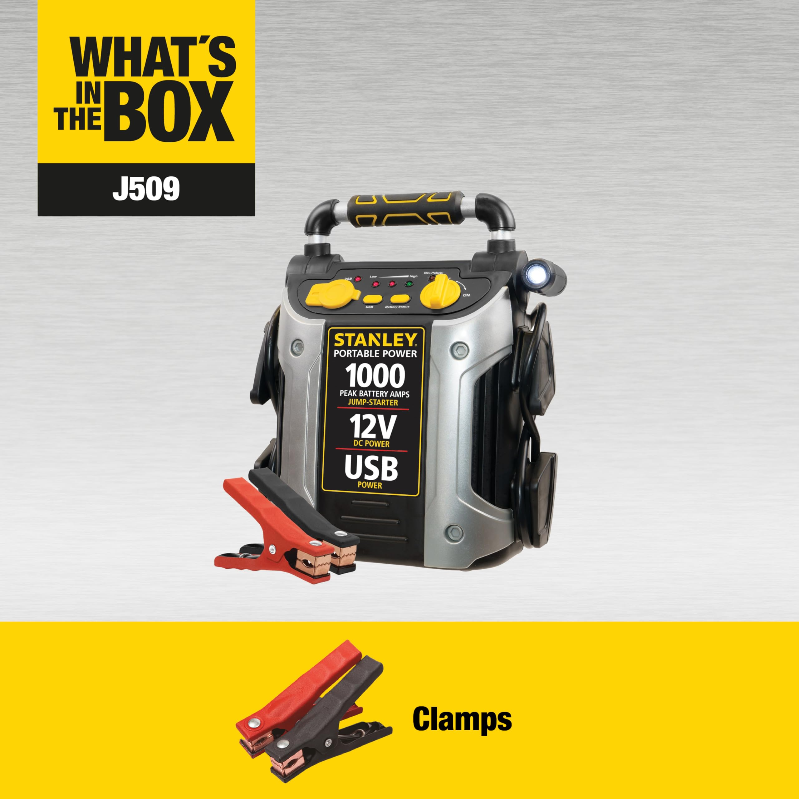 STANLEY J509 Portable Power Station Jump Starter 1000 Peak Amp Battery Booster, USB Port, Battery Clamps