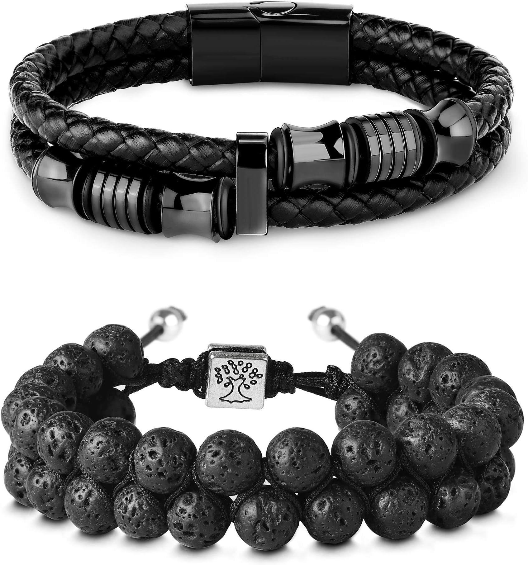 2PCS 8mm Lava Rock & Leather Bracelets Set for Men Double-Row Black Braided Leather with Stainless Steel Ornaments
