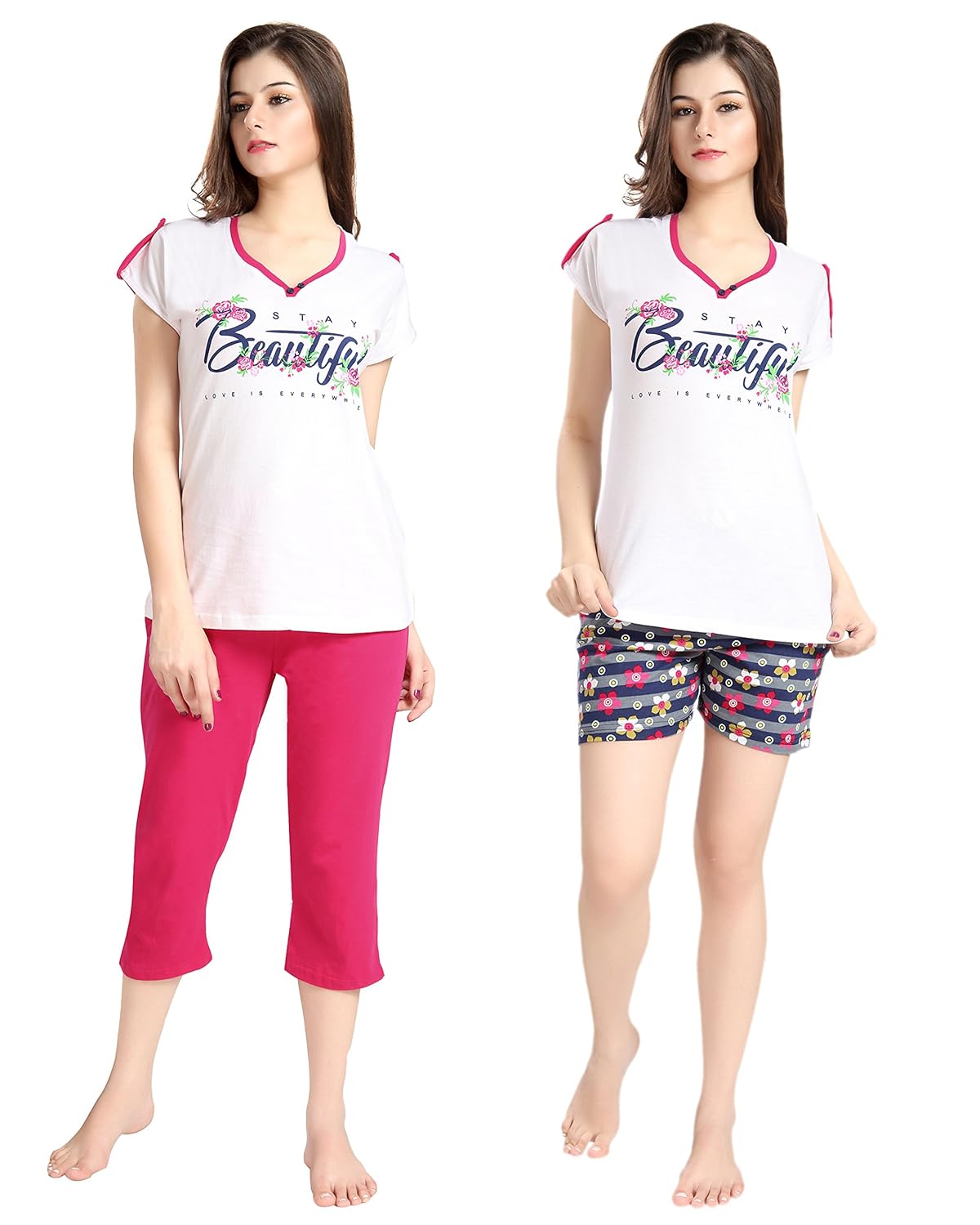 av2 women cotton printed top, capri & shorts set