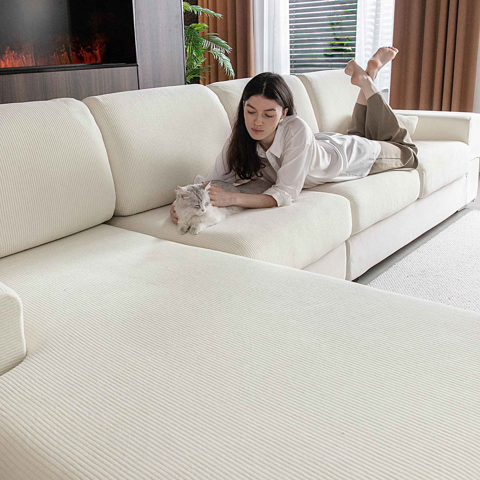 Photo 1 of OHSIO Sectional Couch Covers, Wear Resistant Stretch Sofa Covers Washable Soft Couch Cushion Covers Anti Slip Furniture Protector Sofa Slipcovers for Pets (1 Piece Large Cover, Ivory)