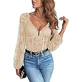 SweatyRocks Women's Lace Long Sleeve Corset Bodysuit Tops Sheer Mesh V neck Jumpsuit