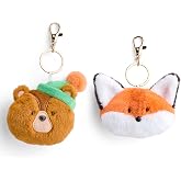 FAO Schwarz Forest Friends Fox &amp; Bear Keychain Plush 2-Pack | Ultra-Soft Plush, Gold-Tone Clasp, Clip-On Bag Charm, Cozy Details, Stuffed Animal Toy, Stocking Stuffer, Kids Holiday Gift