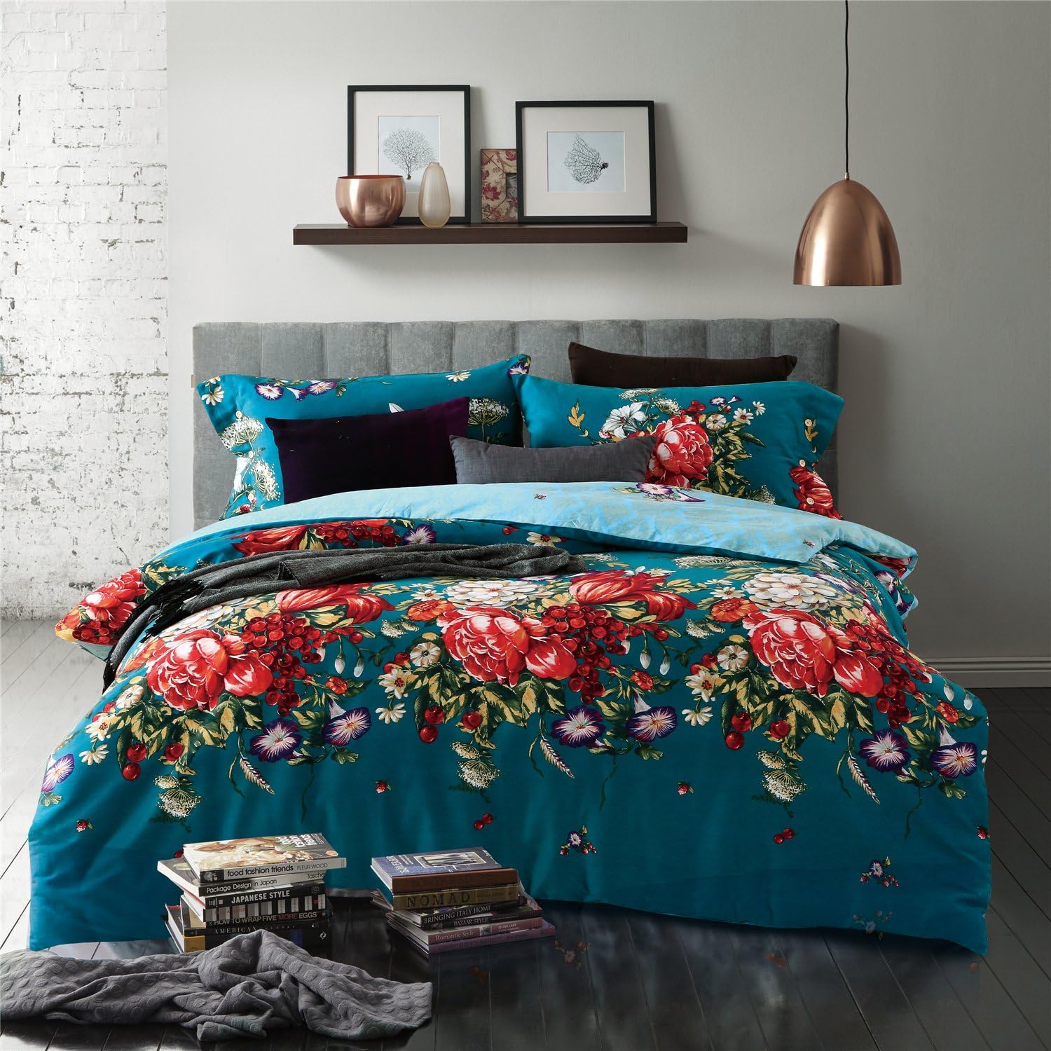 Bedream 3D Flora Flower Reactive Printing Pattern Comfortable Microfiber 100% Cotton - 4 Pieces Duvet Cover Bedding Set Fitted Sheet Set, Queen Size, Turquoise Blue Flowering Shrubs