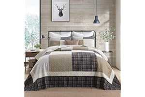 Bedduvit 100% Cotton 120"x102" Oversized Queen Bedspreads - Farmhouse Patchwork Plaid Oversized Bedspread Coverlet Set, 3pcs Reversible Lightweight Cozy Extra Large Quilt Set, Brown/Beige/Gray/Black