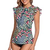 WOWENY Women’s Swim Shirts Rash Guard UPF 50 Sun Protection Zipper Tankini Tops Ruffle Sleeve Bathing Suit No Bottom