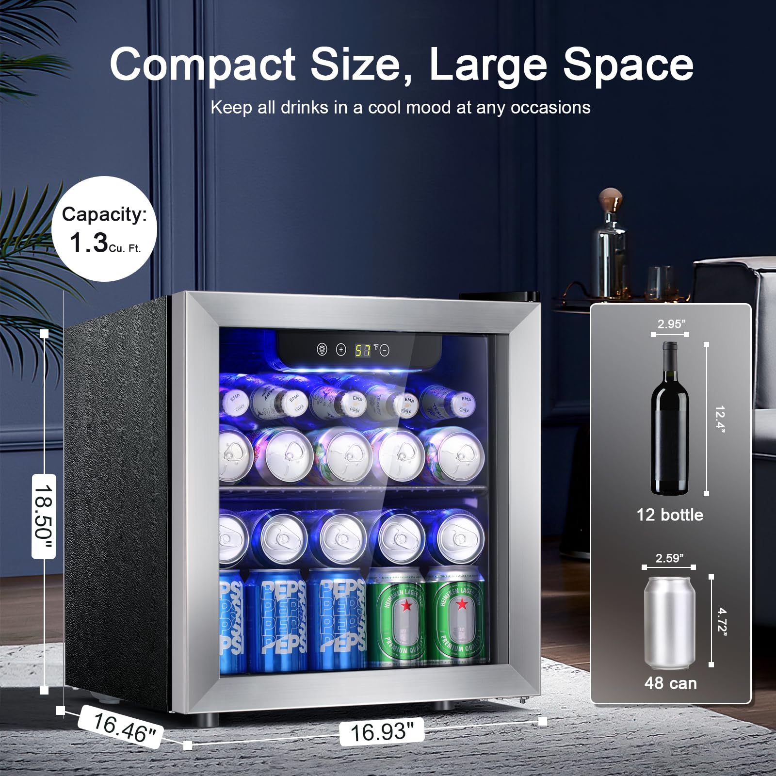 Arctic Star Refrigerador de bebidas para 48 latas, enfriador de vino para 12 botellas con puerta de vidrio de acero inoxidable, pantalla digital de temperatura, control electrónico de temperatura, plateado