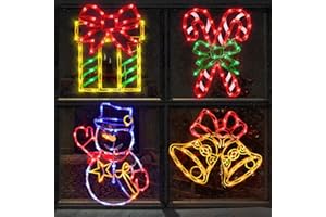 Pytopkto Christmas Decorations - 16" Christmas Window Silhouette Lights - 4 Pack Colour Lighted Gift Box ＆ Snowman ＆ Candy Cane ＆ Bell for Holiday Indoor and Outdoor Wall Door Window Decorate