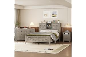 LUMISOL 3-Pieces Farmhouse Bedroom Sets Full Size Platform Bed with Double Sliding Door Storage Headboard, Storage Nightstand and Dresser, 3 Piece Bedroom Furniture Set Full Size, Gray