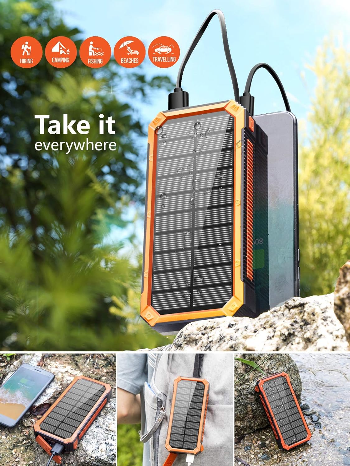 Solar Charger 30000mAh, Solar Power Bank, PD 18W Quick Charge with 4 Outputs & Dual Inputs, External Backup Battery Huge Capacity Phone Charger for iOS and Android(Orange)