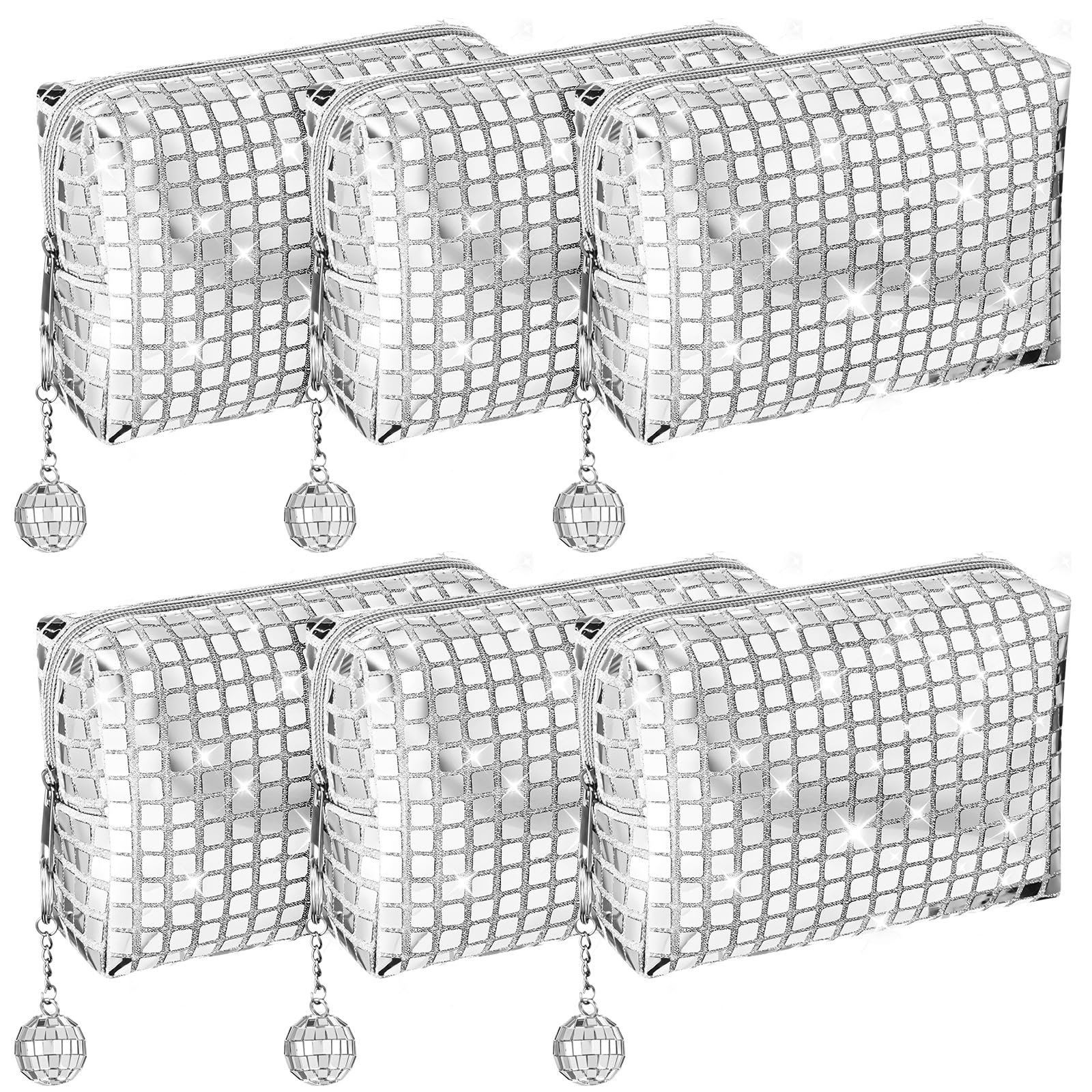 Photo 1 of 6 Pack Large Capacity Disco Cosmetic Bags Portable Silver Glitter Sequin Makeup Organizer with Zipper Disco Ball Rectangular Quilted for Bachelorette New Years Eve, 70s, 80s, 90s Party Favors