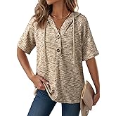 Dokotoo Womens Summer Tops 2026 Short Sleeve Button V Neck Waffle Knit Lightweight Drawstring Hoodies Casual Blouses Shirts