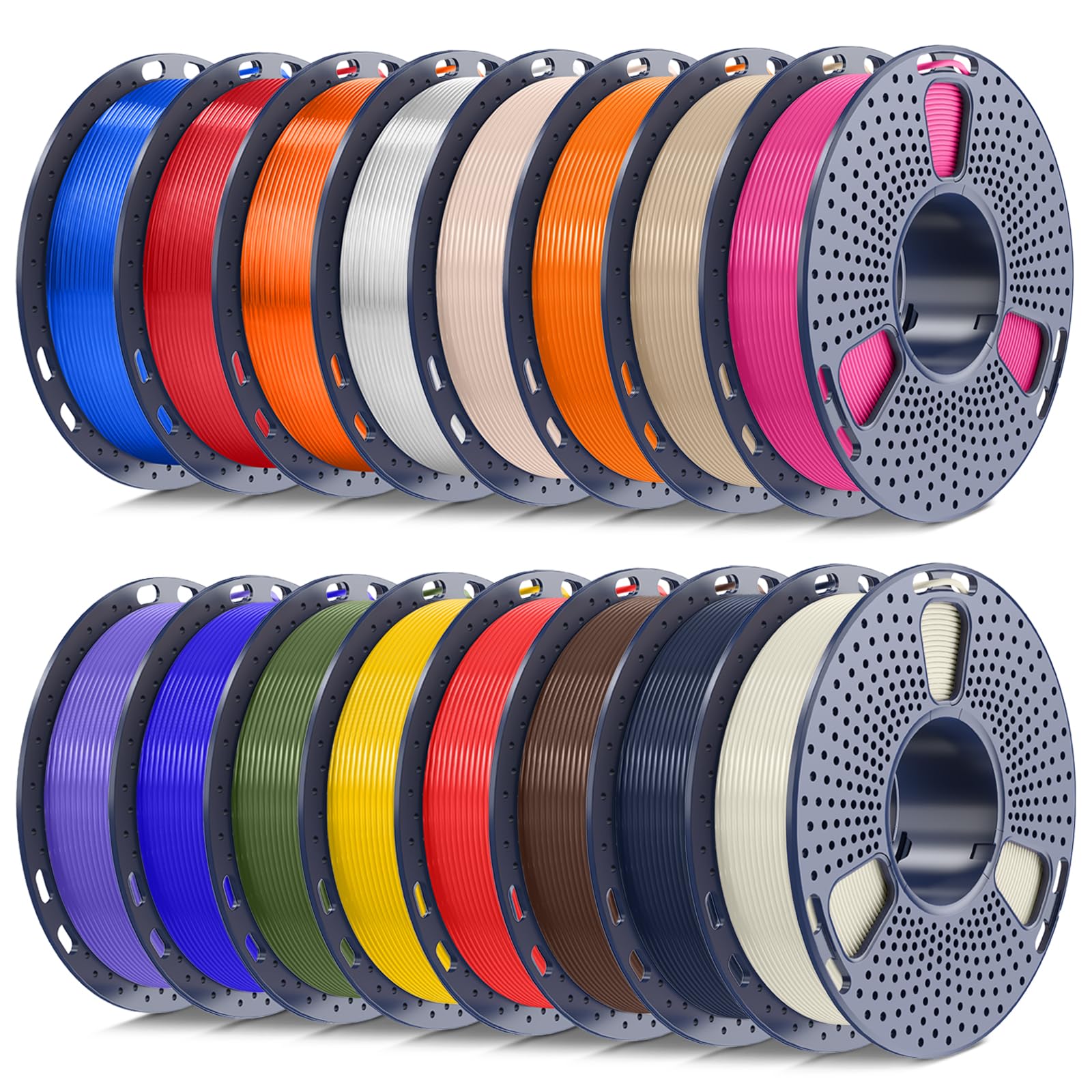 Photo 1 of SUNLU PLA+2.0 Filament 1.75mm Bundle, 250g Spool, 16 Rolls, BoneWhite+Midnight+CoffeeBrown+Red+Yellow+OliveGreen+Blue+Orange+Purple+Magenta+Oak+Beige+Transparent Series-Clear+Orange+Red+Blue