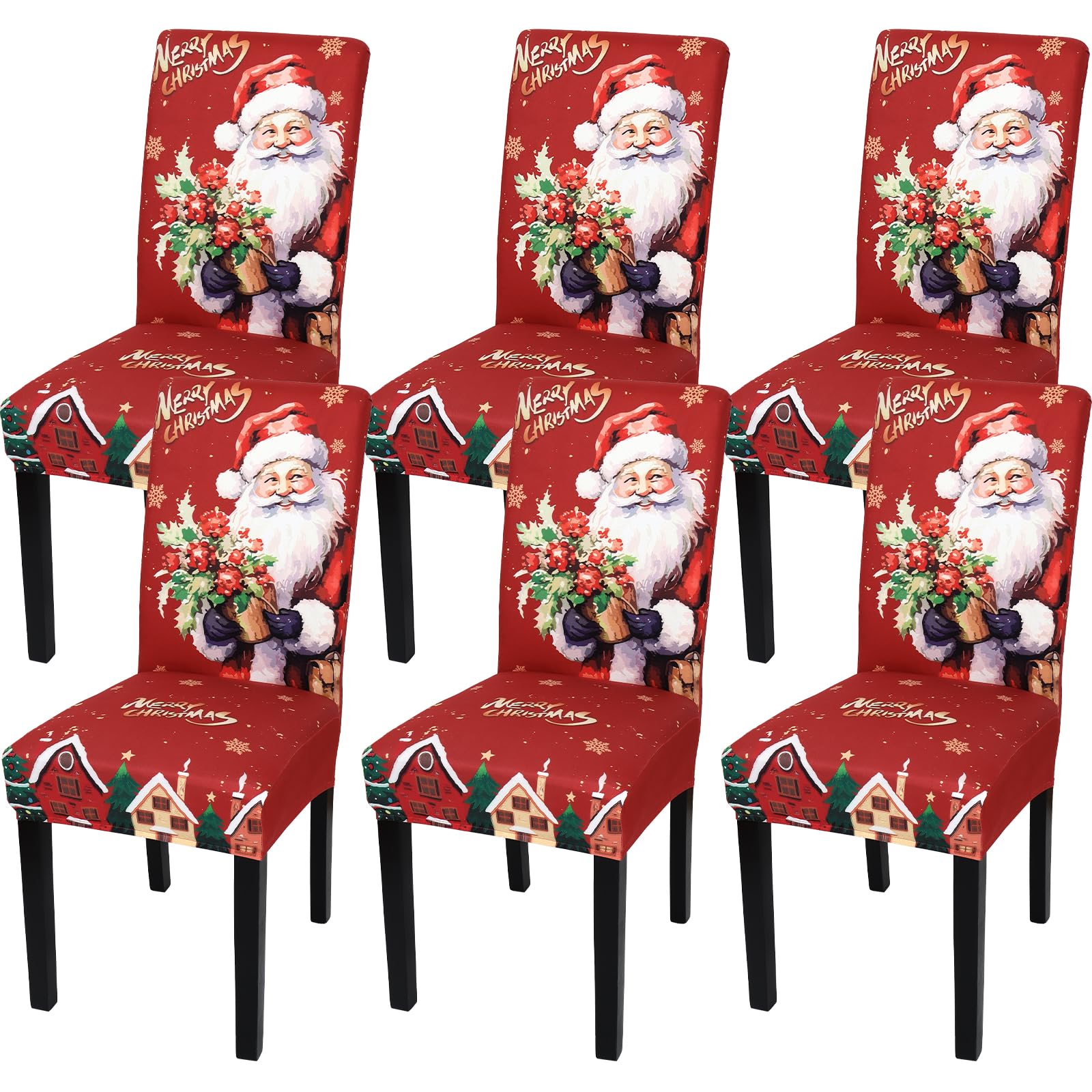 MEIVINES Christmas Dining Chair Covers Set Of 6 Xmas Stretch Dining Chair Slipcovers Removable Washable Christmas Chair Slipcovers High Back Dining Chair Slipcover For Living Room Kitchen (Red)
