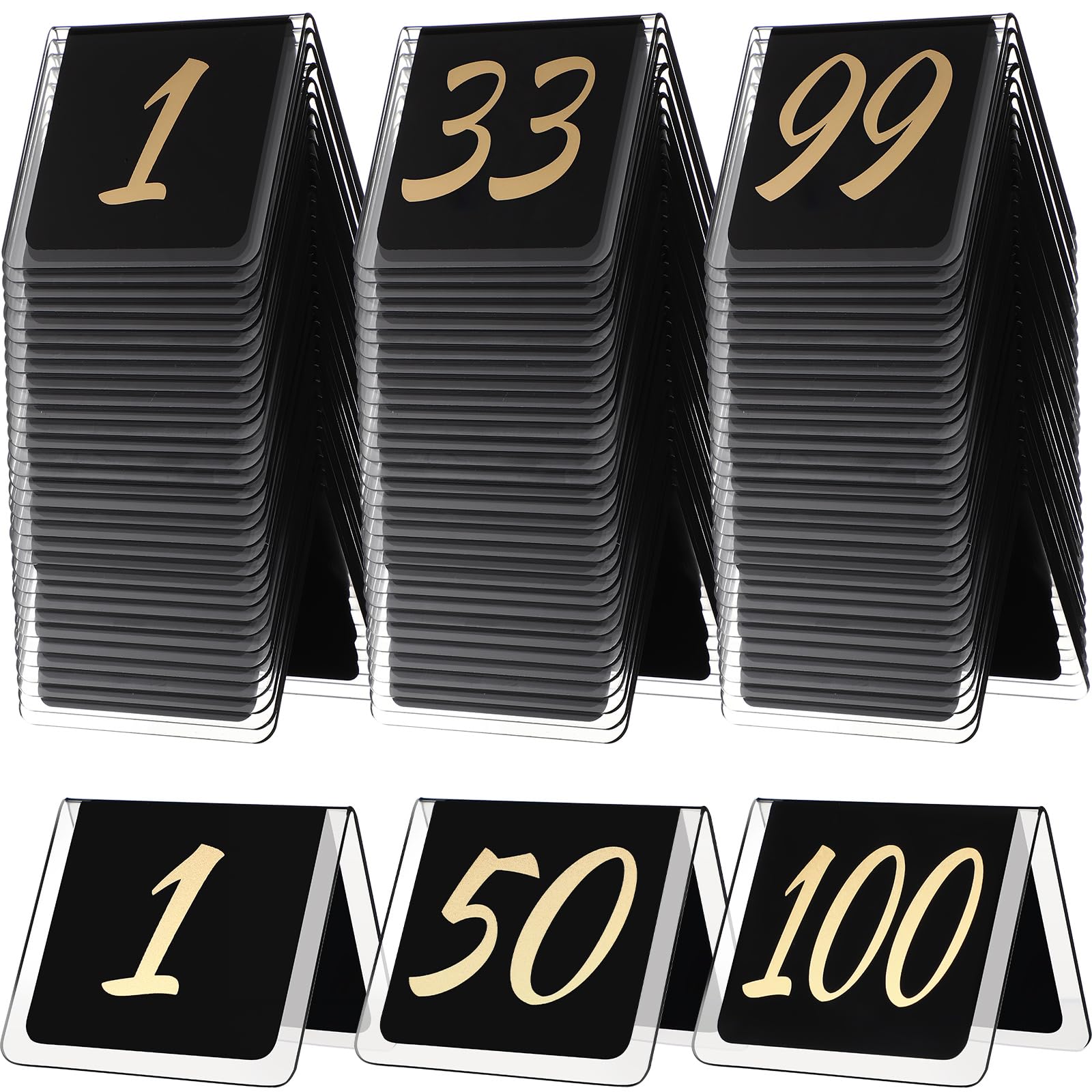 Photo 1 of Suzile Table Numbers 1-100, 100-piece Double Sided Gold Acrylic Table Number Tents, 3.15" x 2.75" Number Signs for Receptions, Banquets, Restaurants, and Wedding(Black and Gold)