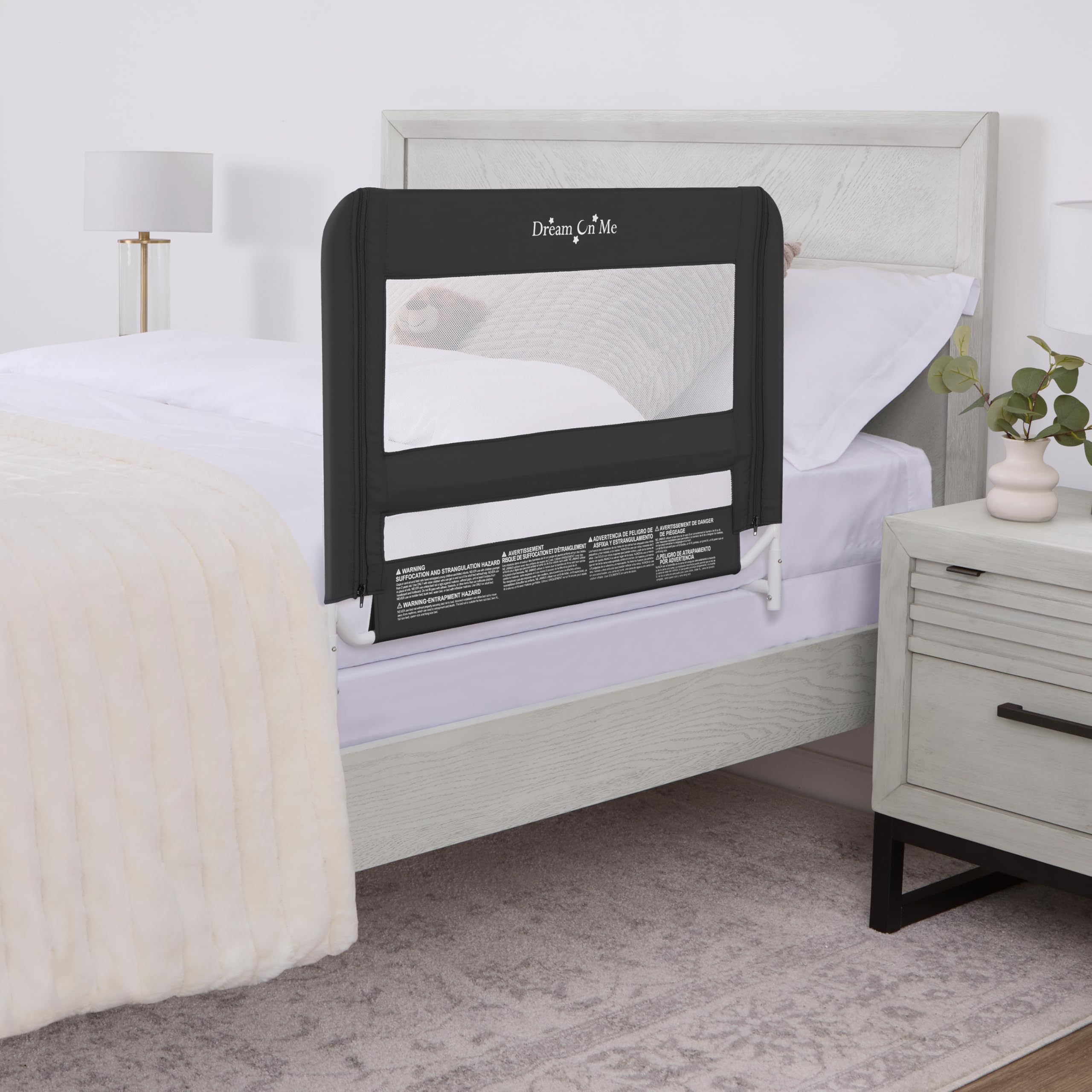 Dream On Me Mesh Security Bed Rail – Toddler Safety Guard with Breathable mesh, Reinforced Anchor System, Lightweight, Portable, fits Adult Twin-Size beds, Black