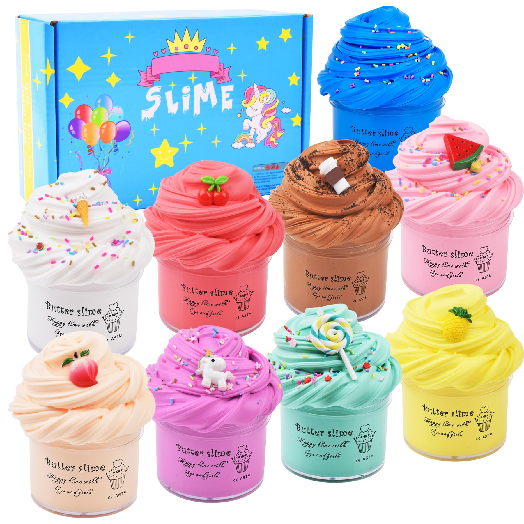 Photo 1 of *Old item* WUHUANIU 9 Pack Scented Butter Slime Kit,Ideal Slimes Bulk for Kids,Super Soft and Non Sticky DIY Slime Surprise Toy,with Charm Unicorn,Cherry,Ice Cream,Cake,Watermelon,Latte and More