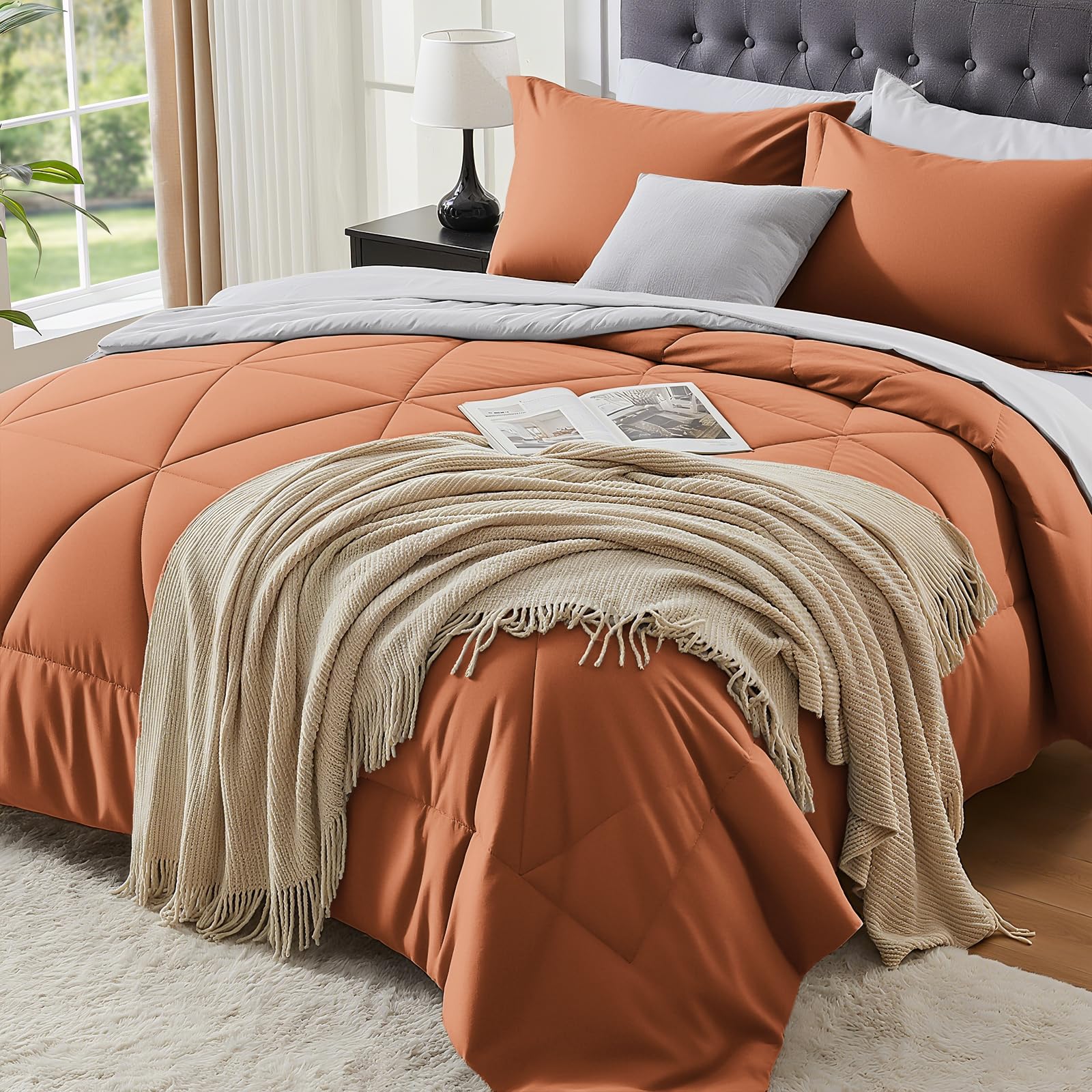 BEDELITE King Size Comforter Set 7 Pieces Bed in A Bag - Soft Microfiber Reversible Burnt Orange Bed Set with Comforters, Sheets, Pillowcases & Shams, Cozy Luxury Bedding Sets for All Season Image