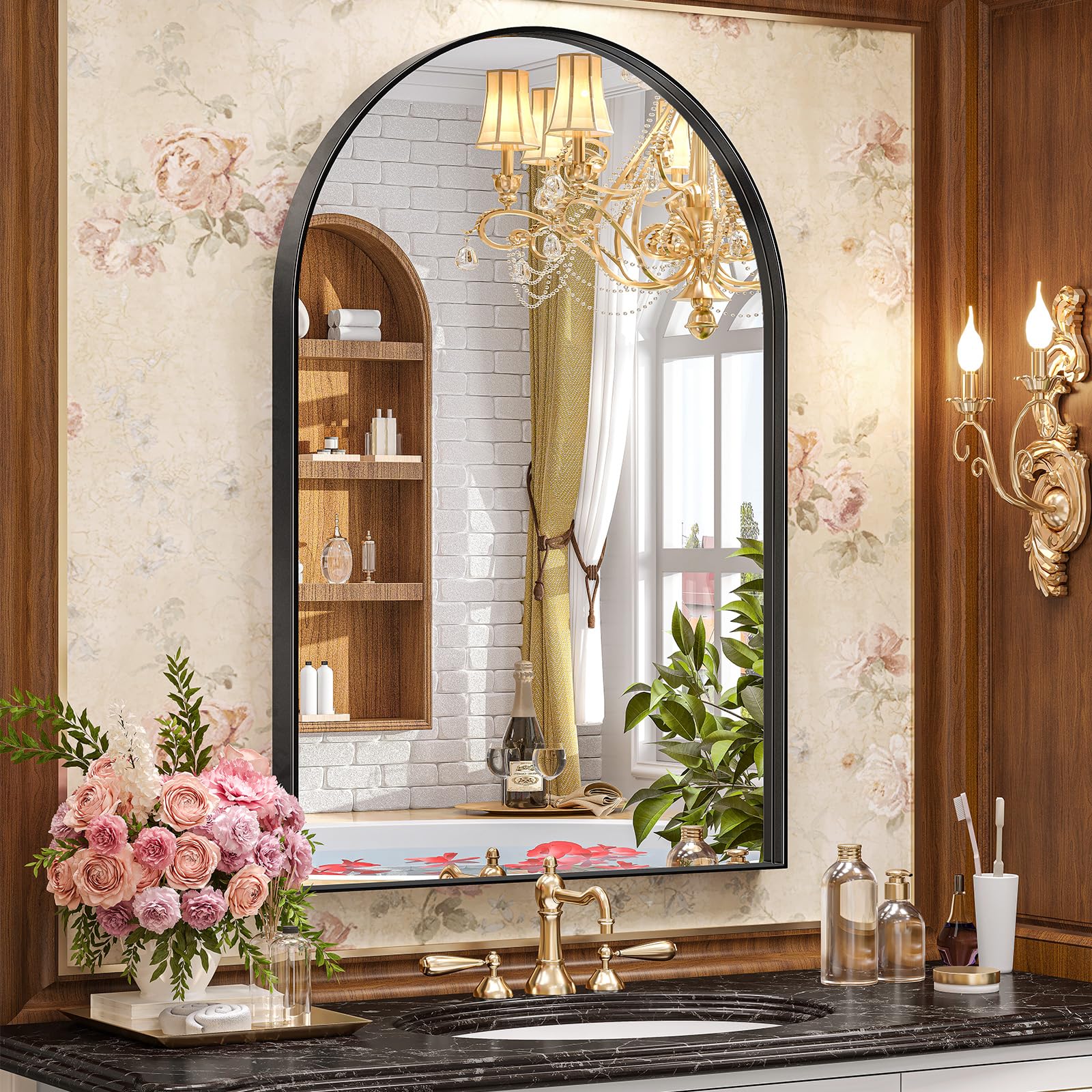 Brightify Arched Mirror, 26 x 38 Inch Black Arch Wall Mirror, Metal Frame Black Bathroom Mirror, Arched Top Bathroom Vanity Mirror for Living Room Bedroom Mantel Entryway Image