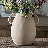 Tanvecle Off-White Ceramic Vase with 2 Handles, Sandstone Texture for Modern Farmhouse Decor, Rustic Pottery, Decorative Flower Vase, Clay Small Vase, Centerpiece for Dining Table - 7 Inch Tall