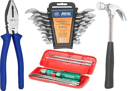 REALstf Multi Hand Tool Kit 16 Pc. - 8 pcs Set of Double Open End (D.O.E) spanners with Hanging Tray, Combination Plier 8, Claw Hammer Steel Shaft 1/2 LB, 6 Pc. Set of Screw Driver Kit Hand Tool Kit