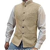 Tuikayoo Mens Herringbone Wool Vests Suit Business Tweed High Collar Waistcoats Slim Fit