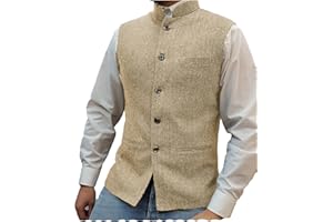 Tuikayoo Mens Herringbone Wool Vests Suit Business Tweed High Collar Waistcoats Slim Fit