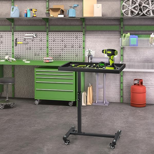 OLBRUS ADJUSTABLE WORK TABLE WITH WHEELS, MECHANIC ROLLING TOOL TRAY TABLE FOR GARAGE REPAIR SHOPS DIY, 220LBS CAPACITY MOBILE HEAVY DUTY STEEL TOOL CART (BLACK)
