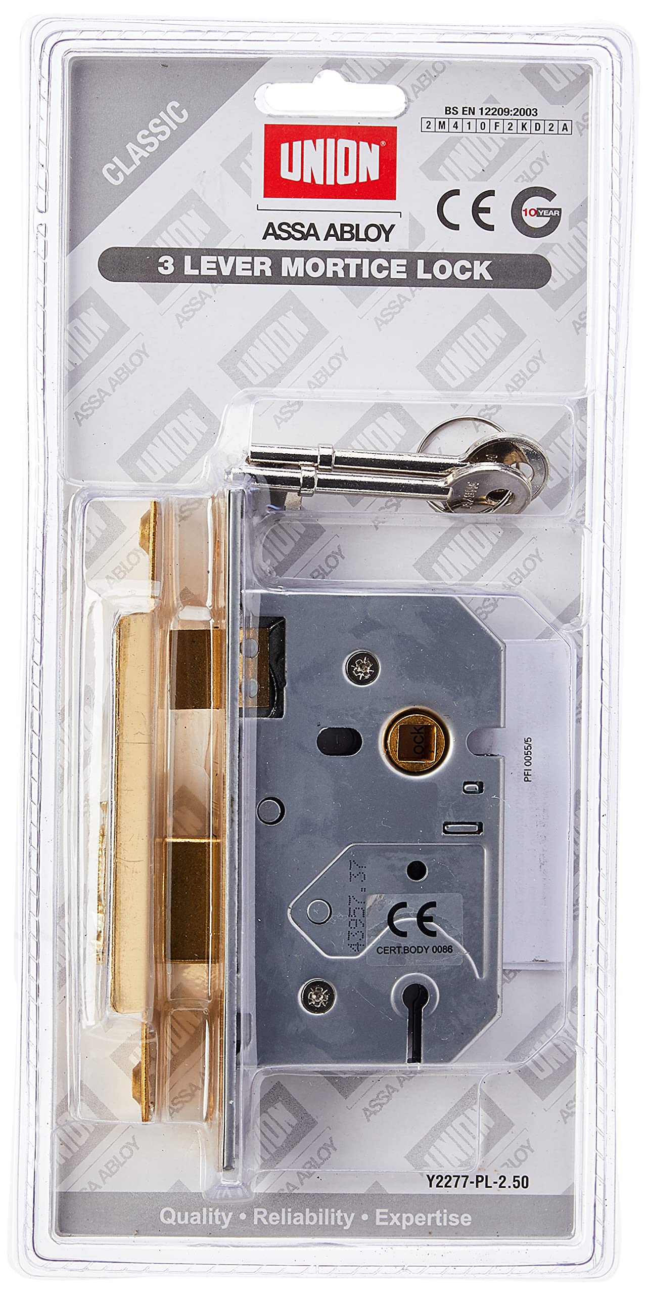Union Locks 2277 3 Lever Mortice Sash Lock 65mm - Polished Brass (Visi Pack)