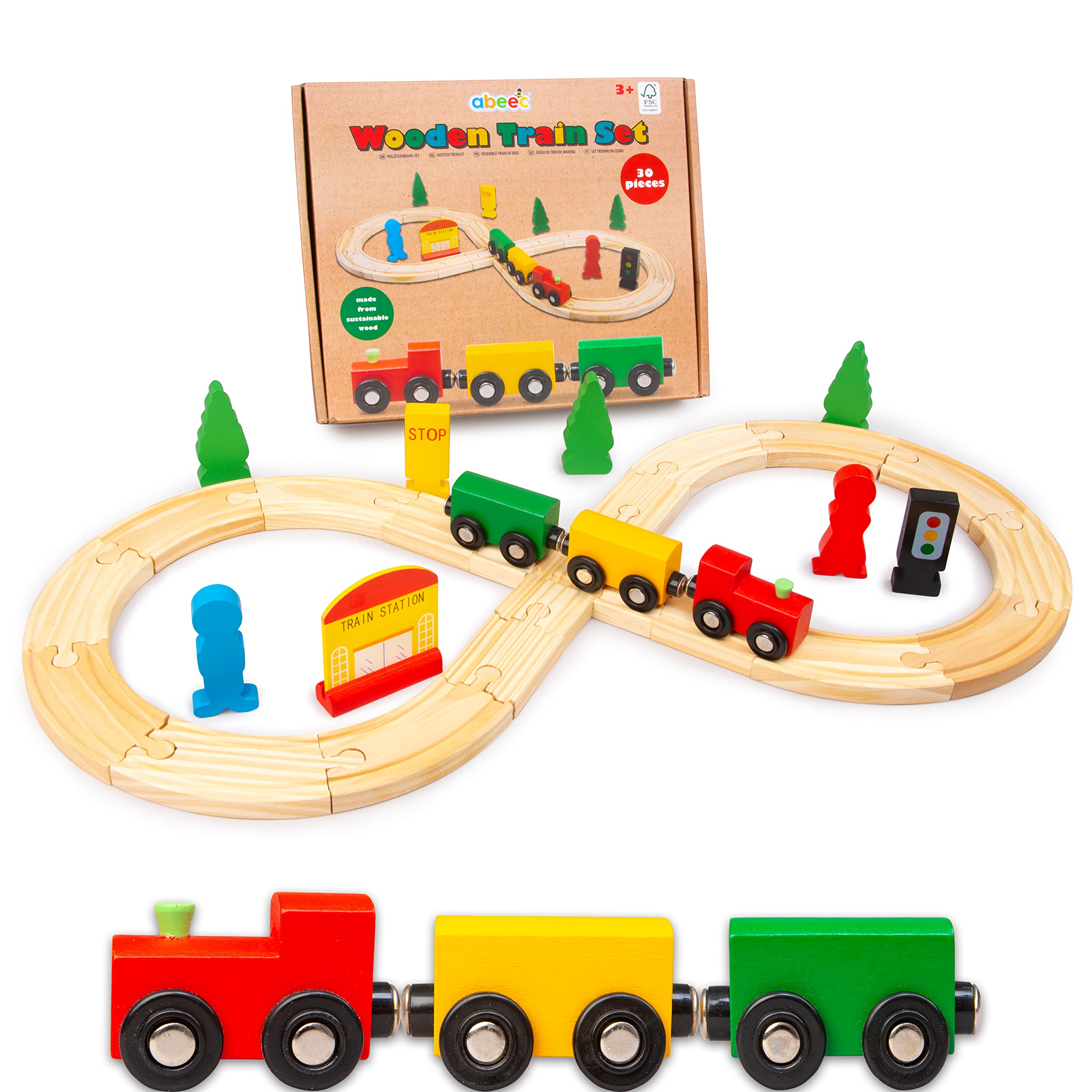 Abeec Wooden Train Set - Train Track & Toys for Toddlers & Kids