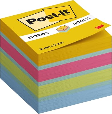 Mini Note Cube, Ultra Cores - 51 mm x 51 mm, 400 folhas, Azul/Verde/Rosa/Amarelo - Post-its para listas de tarefas e lembretes