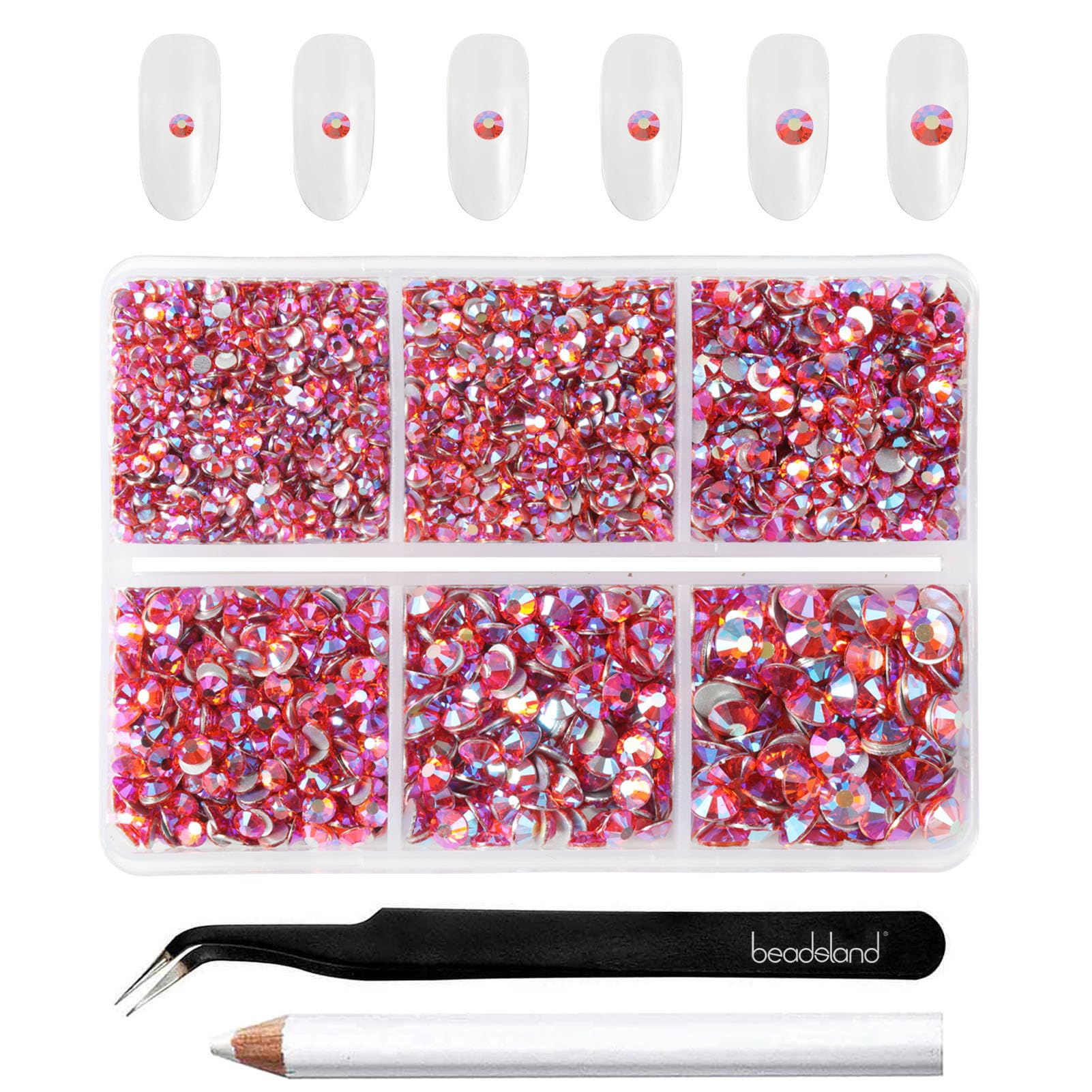 Beadsland 4300pcs Flatback Nail Rhinestones,Orange AB Rhinestones Round Crystal Gems for Crafts,Mixed 6 Sizes with Picking Tweezers and Wax Pencil Kit,SS6-SS20,Hyacinth AB — image 1