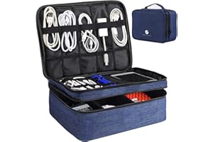 ORIENT FAMULAY Travel Electronics Organizer, Waterproof Cable Organizer Bag for Electronic Accessories Double Layer Large Shockproof Cable Storage Bag for Cord, Power Bank, Tablet(Up to iPad 11 inch) - Royal Blue