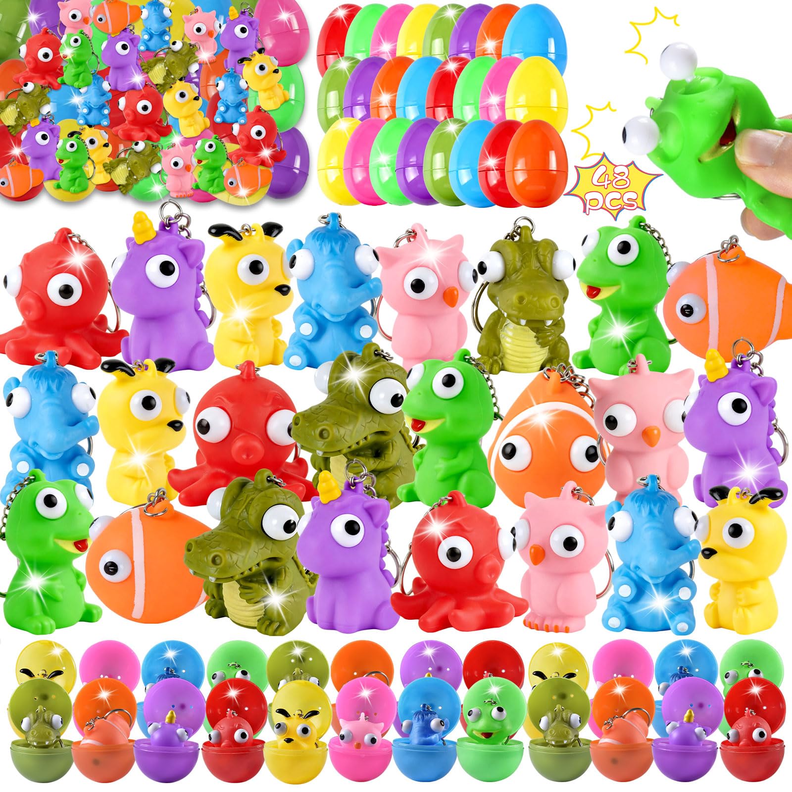Filled Easter Eggs for Kids - Prefilled 48PCS Easter Eggs and Squishy Animal Pop Toys for Easter Basket Stuffers, Popping Eyes Keychains for Kids Easter Egg Hunt Party Favors Supplies (With Eggs)
