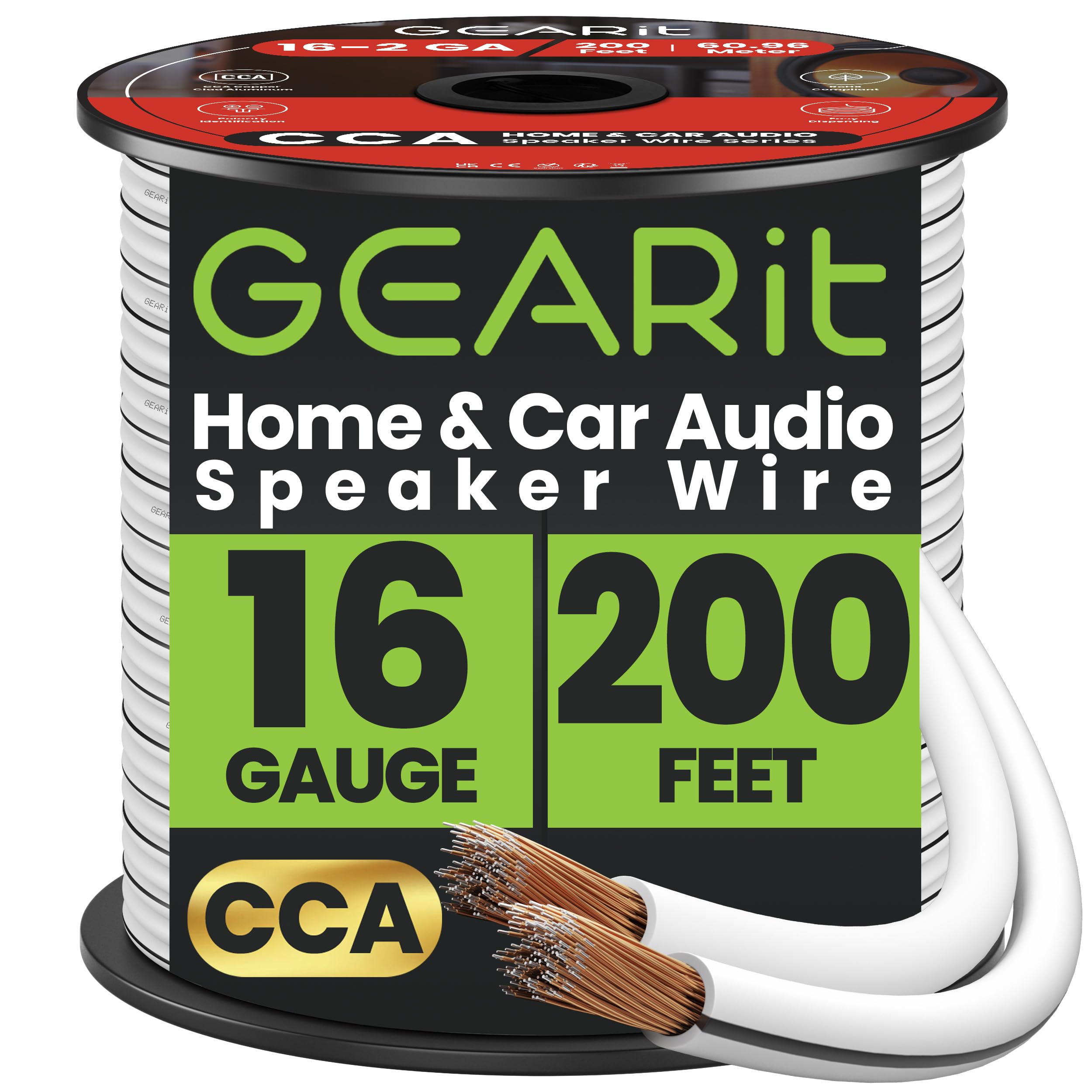 GearIT Speaker Wire Audio Cable CCA 2x1.5mm≤ (60.96 Meters - White) Copper Clad Aluminum - Great for Hi-Fi Home Theater and Car Speakers - 16 Gauge AWG, 200 Feet