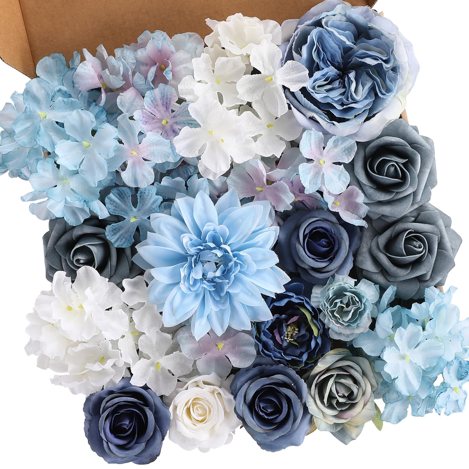 Garisey Artificial Flowers Combo Box Set for DIY Wedding Bouquet Arrangements Bridal Shower Party Home Decorations(White Blue Rose)