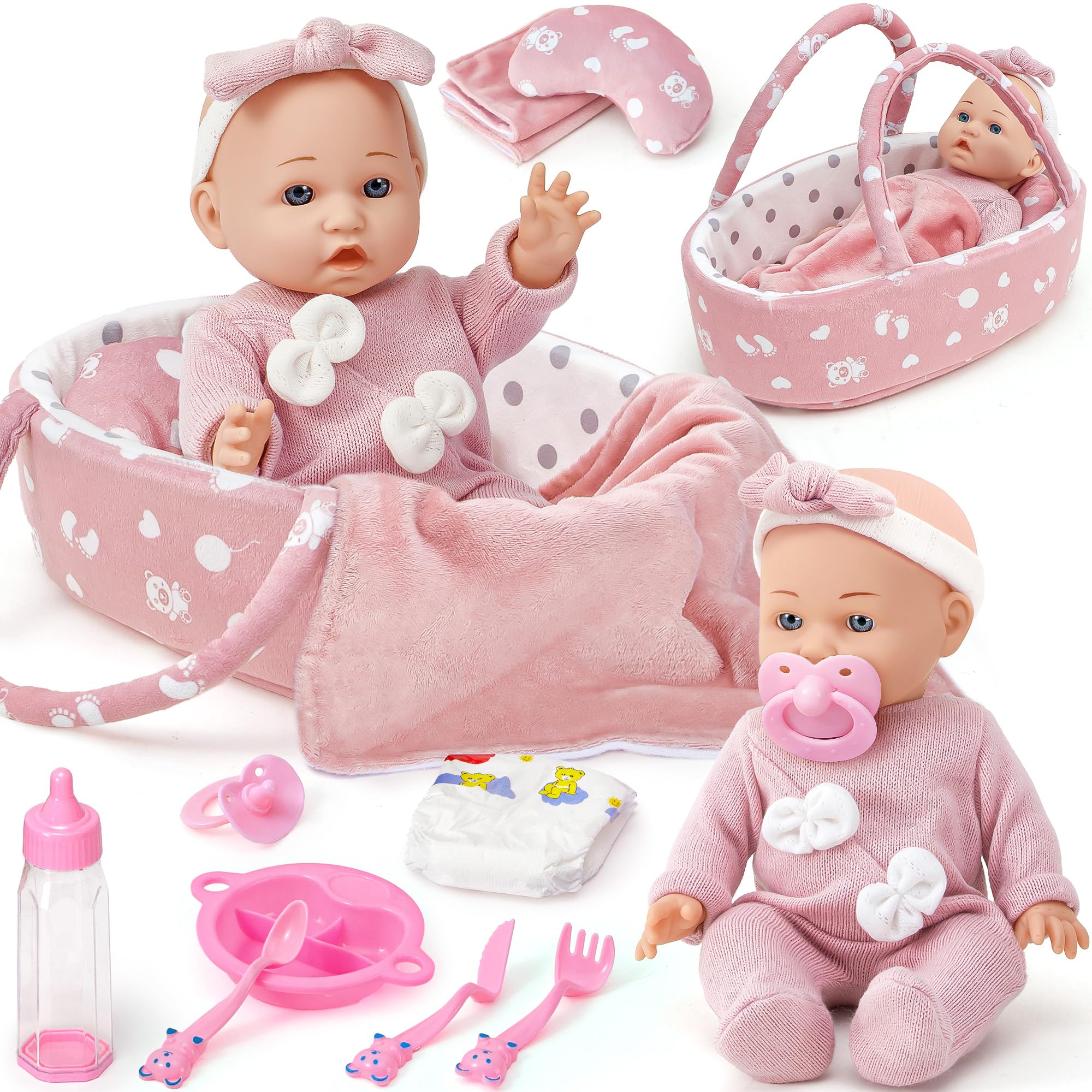 vamei Baby Doll Set, 12 Inches Baby Born Dolls for Girls, Baby Doll Accessories with Clothes Carrier Bassinet Bed Bottle Feeding Set, Pretend Play Toddler Toys Gift for 3 4 5 6 Years Old Girls
