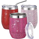 Afarnook Bling Wine Tumbler with Lid Diamond Rhinestone Gradient Pink Stainless Steel Insulated Wine Tumbler for Women Mother Bachelorette Wedding Cups Reusable Travel Coffee Mug