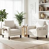 Homixis Accent Chairs Set of 2 for Living Room, Mid-Century Upholstered Armchair with Foldable Table &amp; 2 Side Pockets, Modern Linen Wooden Sofa Chair for Bedroom &amp; Reading Room, Beige