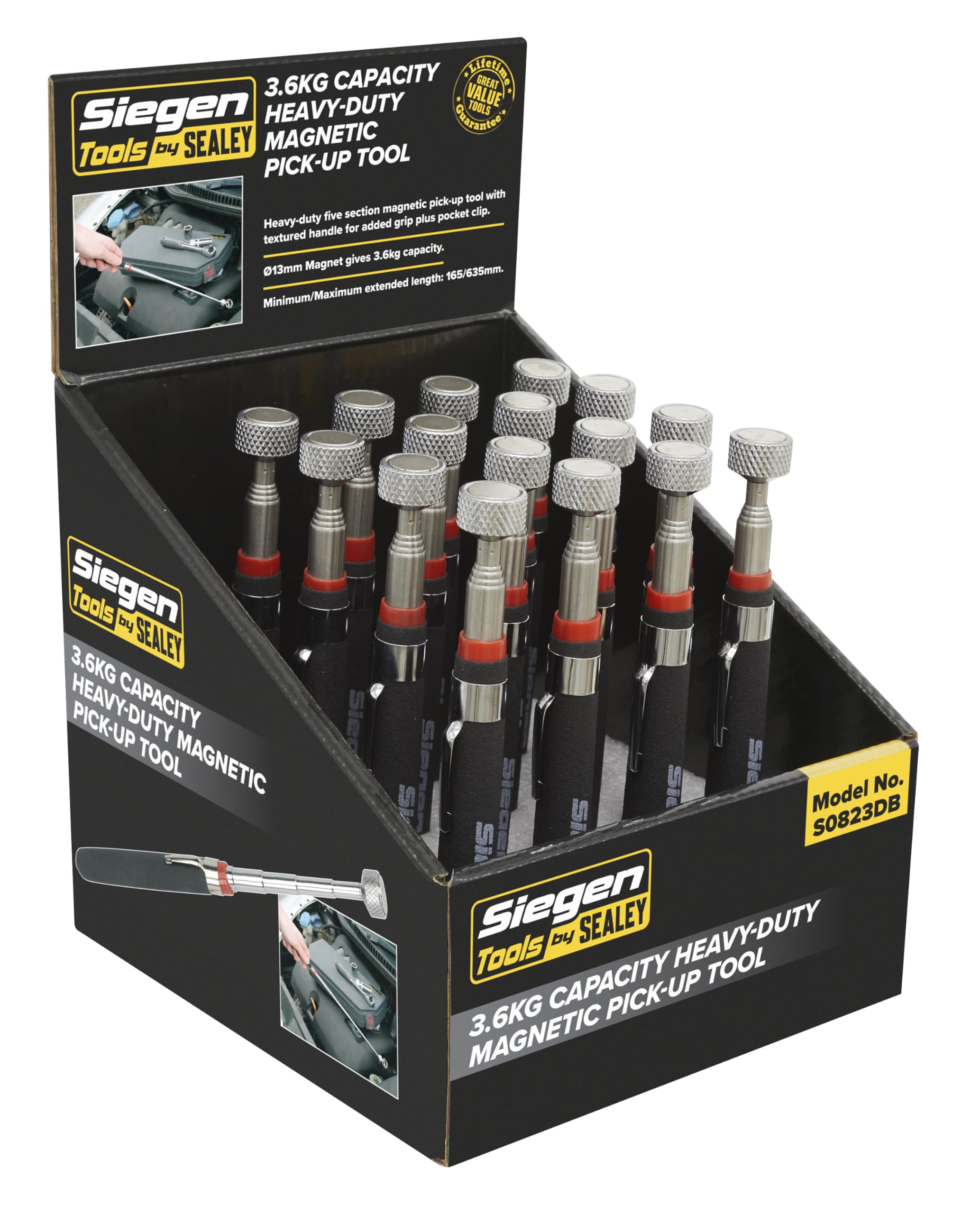 Siegen S0823DB Heavy-Duty Magnetic Pick-Up Tool 3.6kg Capacity Display Box of 16