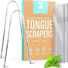 BASIC CONCEPTS Tongue Scraper (2 Pack), Reduce Bad Breath (Travel Cases Included), Stainless Steel Tongue Cleaners, Metal Ton