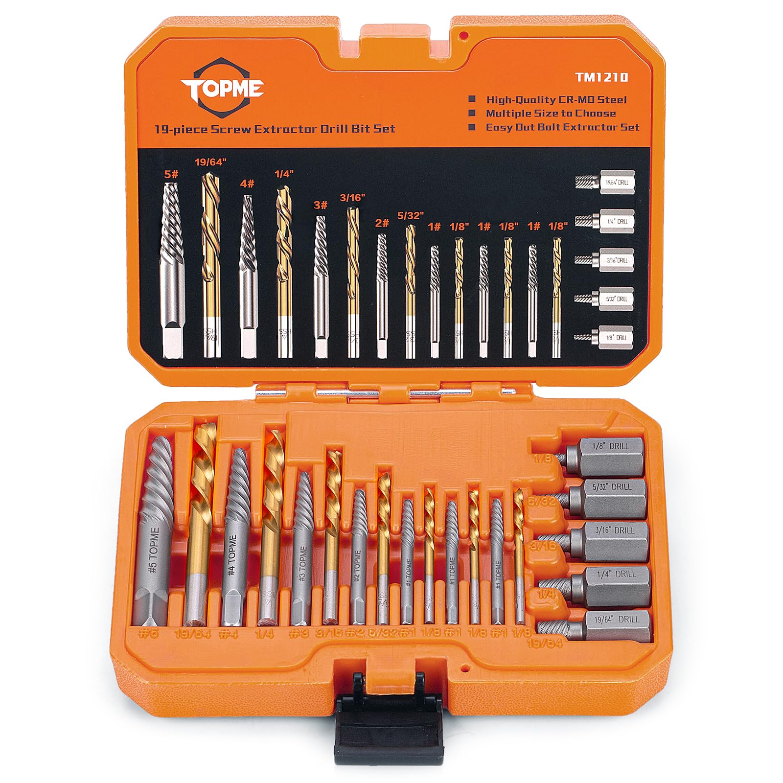 Photo 1 of Topme 19PCS Screw Extractor and Left Hand Drill Bits Set, Easy Out Screw Extractor Set with HSS Steel Reverse Drill Bit, Stripped Screw Extractor for Removing Damaged Broken Nuts,Bolts