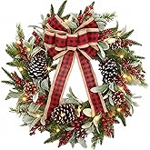 24 Inch Christmas Wreath for Front Door with Lights Flocked Lambs Leaves Winter Wreath Bow Pine Needles Pinecones for Indoor Outdoor Xmas Wall Window Holiday Decor