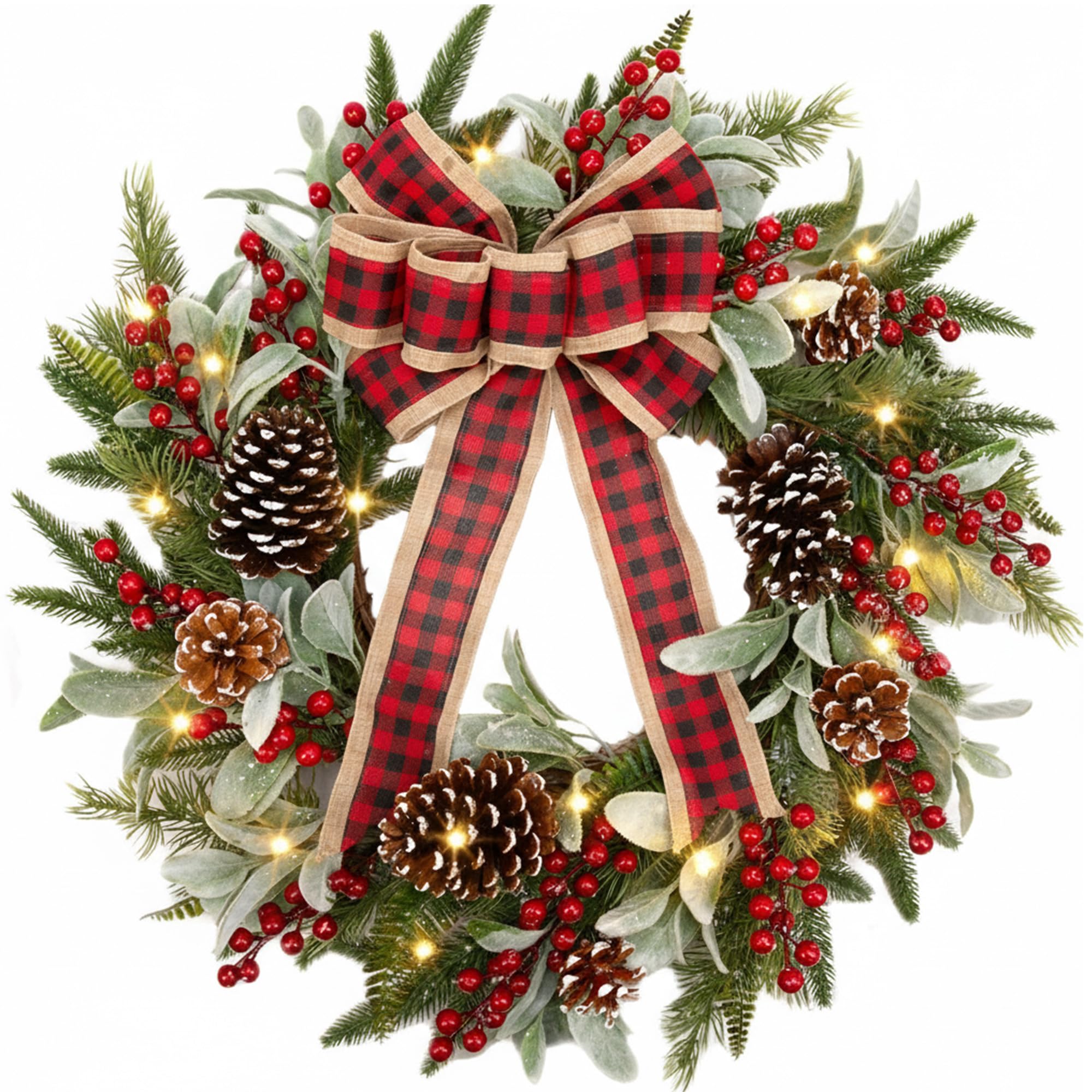 Photo 1 of 24 Inch Christmas Wreath for Front Door with Lights Flocked Lambs Leaves Winter Wreath Bow Pine Needles Pinecones for Indoor Outdoor Xmas Wall Window Holiday Decor