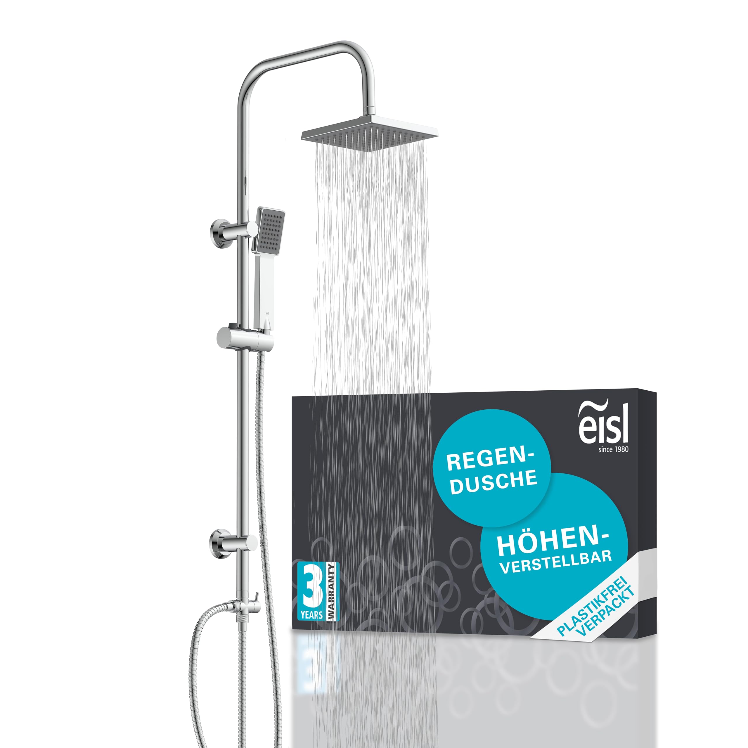 EISL Easy Energy DX12004-A Shower Set Without Fittings 2 in 1 with Large Rain Shower (176 x 176 mm) and Hand Shower, Rain Shower Without Fittings Ideal for Retrofitting, Complete Mounting Set